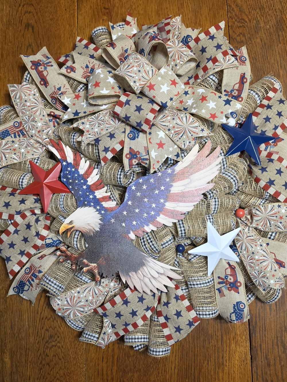 Patriotic Eagle Burlap Wreath with Red White Blue Stars